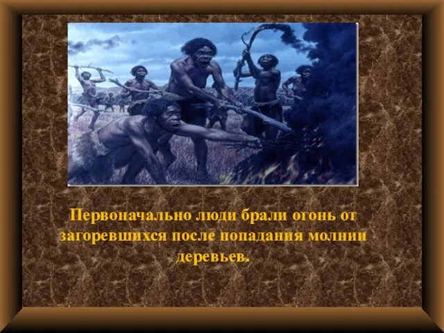 Первоначально люди брали огонь от загоревшихся после попадания молнии деревьев.