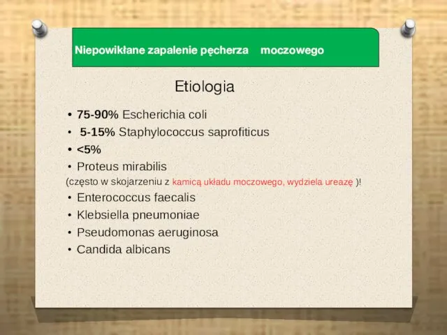Etiologia 75-90% Escherichia coli 5-15% Staphylococcus saprofiticus Proteus mirabilis (często w