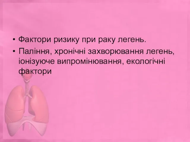 Фактори ризику при раку легень. Паління, хронічні захворювання легень, іонізуюче випромінювання, екологічні фактори