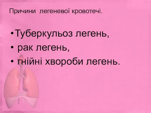 Причини легеневої кровотечі. Туберкульоз легень, рак легень, гнійні хвороби легень.