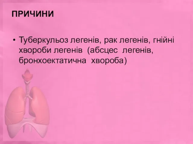 ПРИЧИНИ Туберкульоз легенів, рак легенів, гнійні хвороби легенів (абсцес легенів, бронхоектатична хвороба)