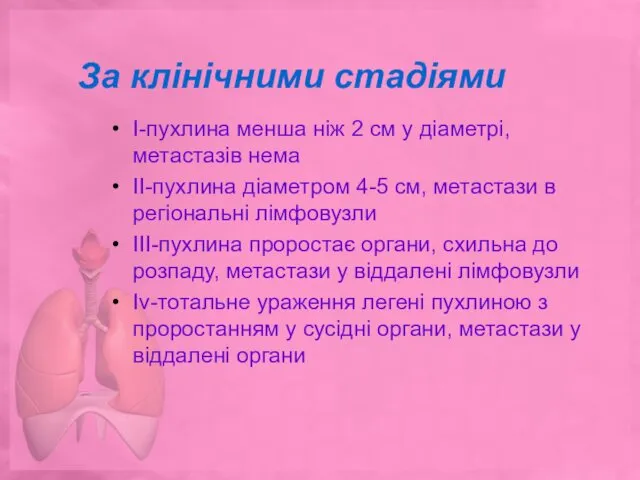 За клінічними стадіями І-пухлина менша ніж 2 см у діаметрі,метастазів нема