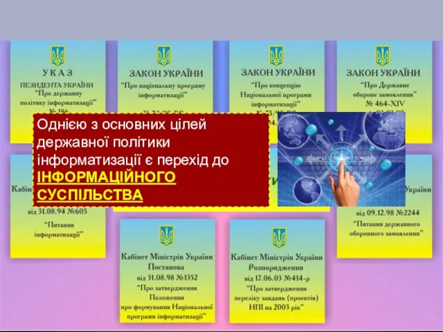 Політика інформатизації Однією з основних цілей державної політики інформатизації є перехід до ІНФОРМАЦІЙНОГО СУСПІЛЬСТВА