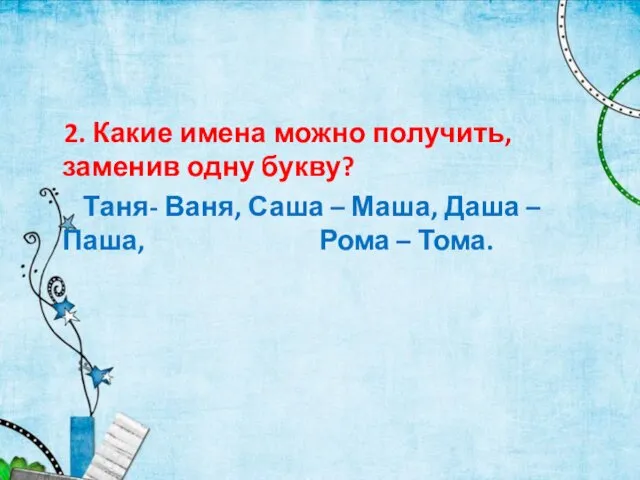 2. Какие имена можно получить, заменив одну букву? Таня- Ваня, Саша