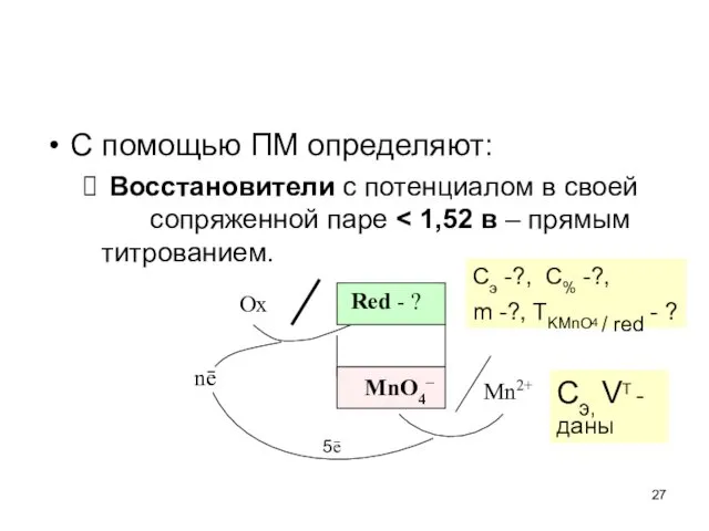 C помощью ПМ определяют: Восстановители с потенциалом в своей сопряженной паре