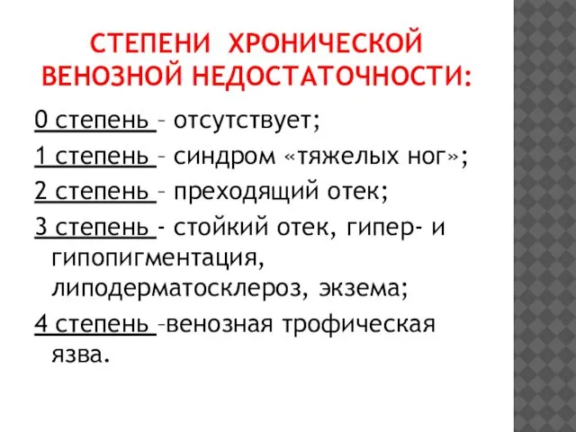 СТЕПЕНИ ХРОНИЧЕСКОЙ ВЕНОЗНОЙ НЕДОСТАТОЧНОСТИ: 0 степень – отсутствует; 1 степень –