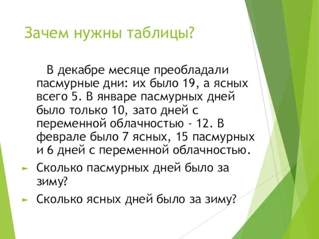 Зачем нужны таблицы? В декабре месяце преобладали пасмурные дни: их было