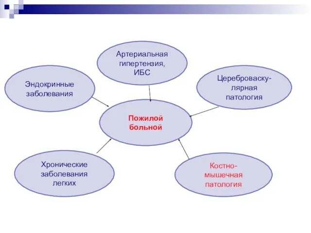 Пожилой больной Цереброваску-лярная патология Костно-мышечная патология Артериальная гипертензия, ИБС Эндокринные заболевания Хронические заболевания легких