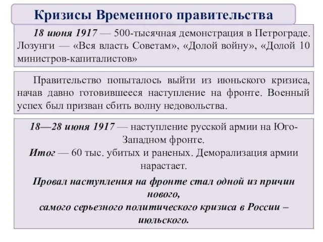 18 июня 1917 — 500-тысячная демонстрация в Петрограде. Лозунги — «Вся