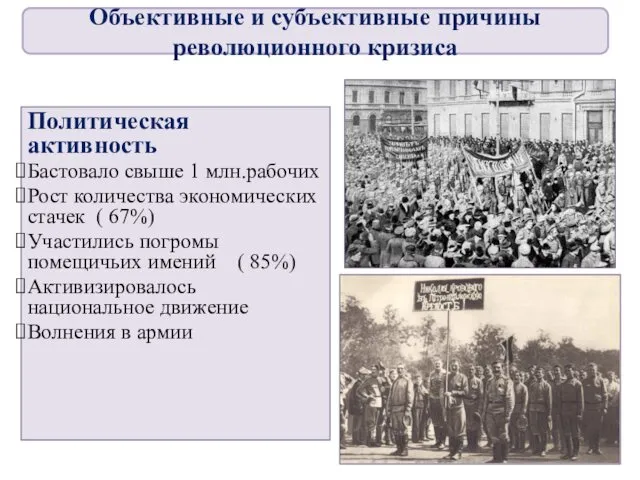 Политическая активность Бастовало свыше 1 млн.рабочих Рост количества экономических стачек (