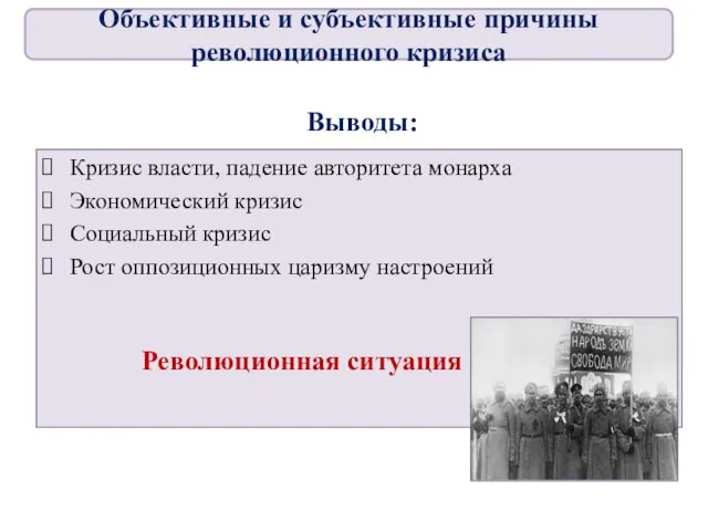 Выводы: Кризис власти, падение авторитета монарха Экономический кризис Социальный кризис Рост