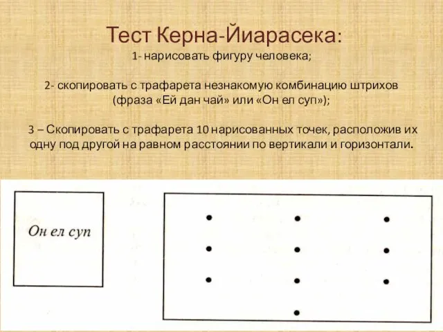 Тест Керна-Йиарасека: 1- нарисовать фигуру человека; 2- скопировать с трафарета незнакомую