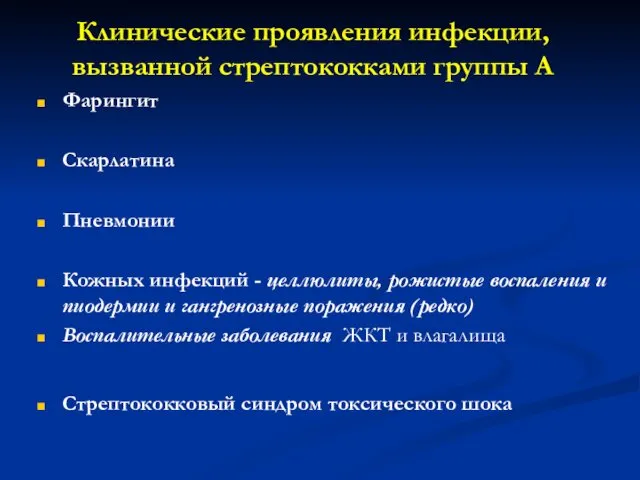 Клинические проявления инфекции, вызванной стрептококками группы А Фарингит Скарлатина Пневмонии Кожных