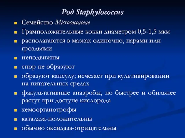 Poд Staphylococcus Семейство Micrococcaceae Грамположительные кокки диаметром 0,5-1,5 мкм располагаются в