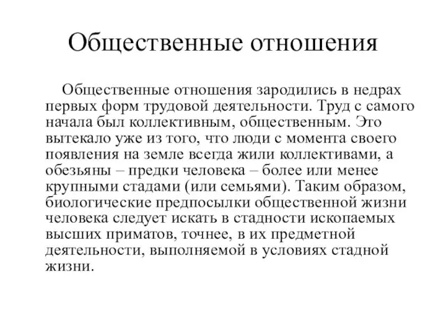 Общественные отношения Общественные отношения зародились в недрах первых форм трудовой деятельности.