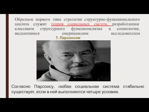 Образцом первого типа стратегии структурно-функционального анализа служит теория социальных систем, разработанная