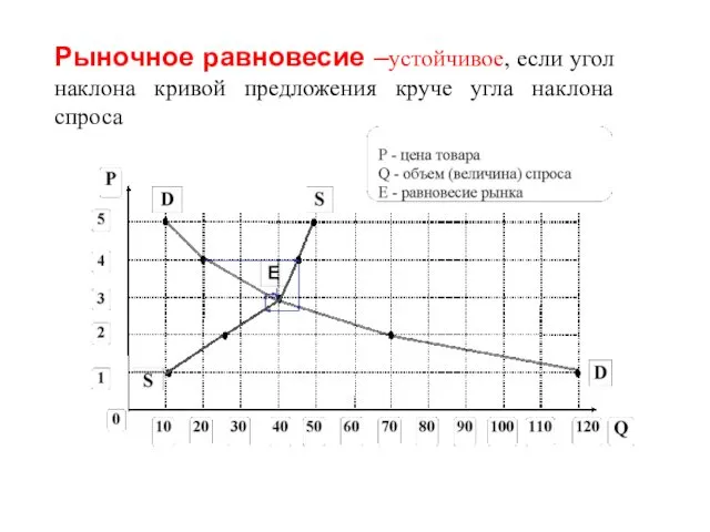 Рыночное равновесие –устойчивое, если угол наклона кривой предложения круче угла наклона спроса