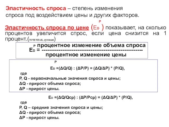 P Эластичность спроса по цене (ED ) показывает, на сколько процентов