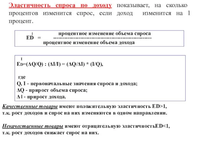 Эластичность спроса по доходу показывает, на сколько процентов изменится спрос, если