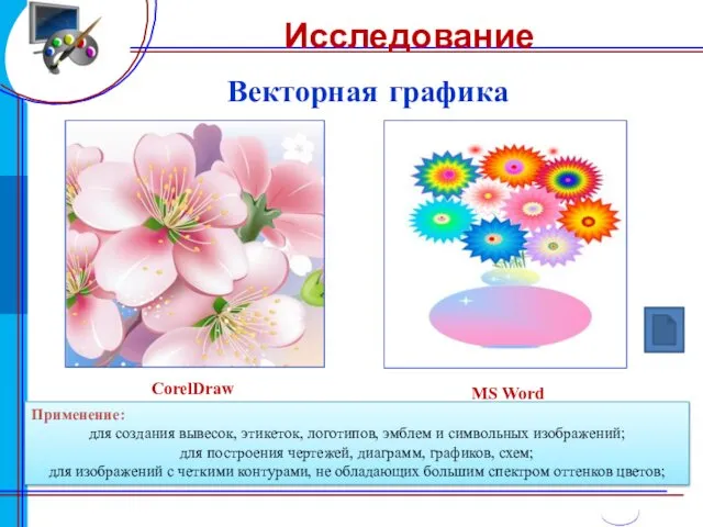 Векторная графика MS Word CorelDraw Исследование Применение: для создания вывесок, этикеток,