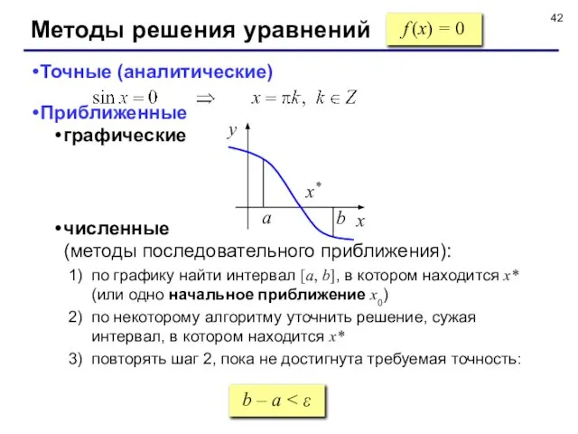 Методы решения уравнений f (x) = 0 Точные (аналитические) Приближенные графические
