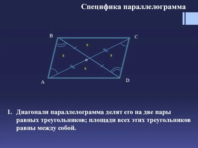 Диагонали параллелограмма делят его на две пары равных треугольников; площади всех