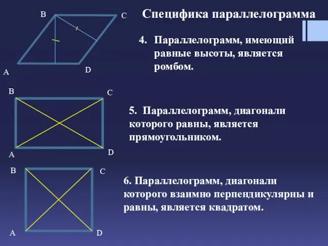 Специфика параллелограмма 5. Параллелограмм, диагонали которого равны, является прямоугольником. 6. Параллелограмм,