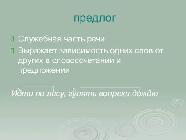 предлог Служебная часть речи Выражает зависимость одних слов от других в