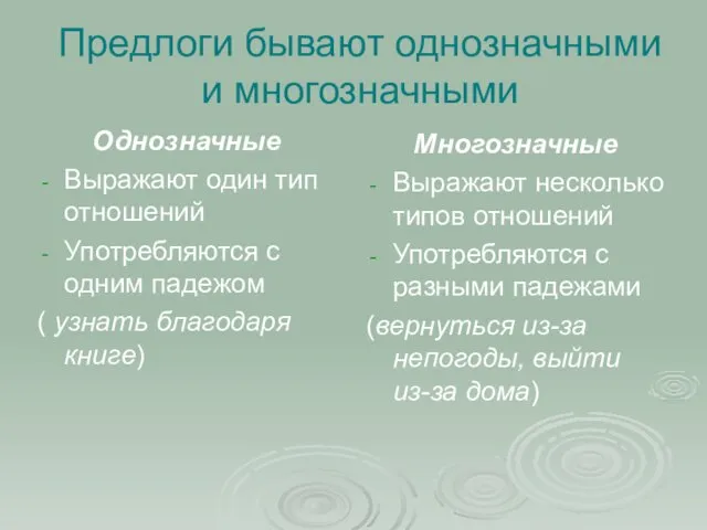 Предлоги бывают однозначными и многозначными Однозначные Выражают один тип отношений Употребляются