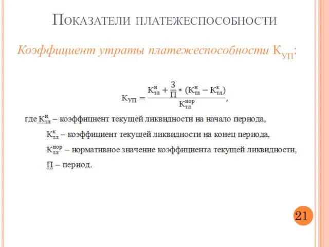 Коэффициент утраты платежеспособности КУП: 21 Показатели платежеспособности