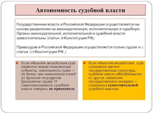 Автономность судебной власти Если объектом воздействия суда являются только подвластные субъекты,