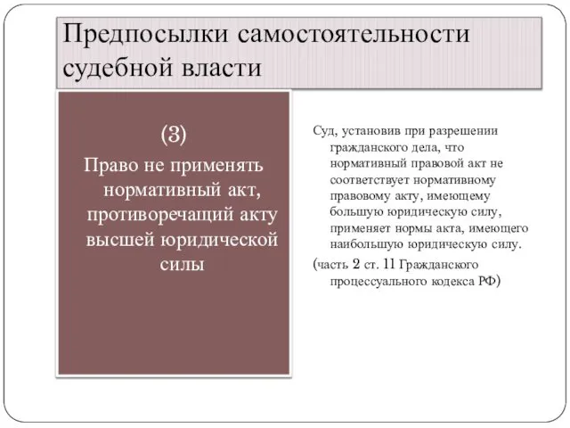 Предпосылки самостоятельности судебной власти (3) Право не применять нормативный акт, противоречащий