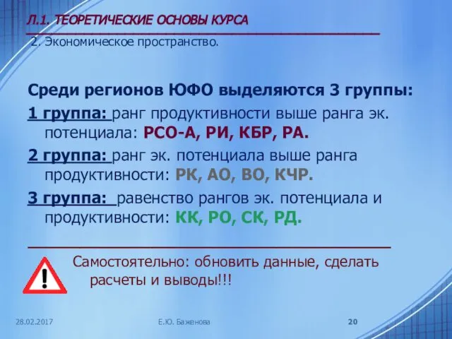 28.02.2017 Л.1. ТЕОРЕТИЧЕСКИЕ ОСНОВЫ КУРСА ___________________________________________ 2. Экономическое пространство. Среди регионов