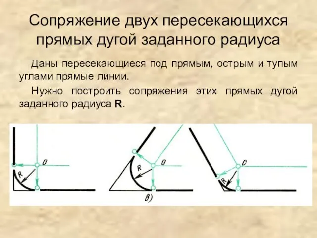 Сопряжение двух пересекающихся прямых дугой заданного радиуса Даны пересекающиеся под прямым,