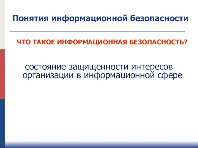 ЧТО ТАКОЕ ИНФОРМАЦИОННАЯ БЕЗОПАСНОСТЬ? состояние защищенности интересов организации в информационной сфере Понятия информационной безопасности