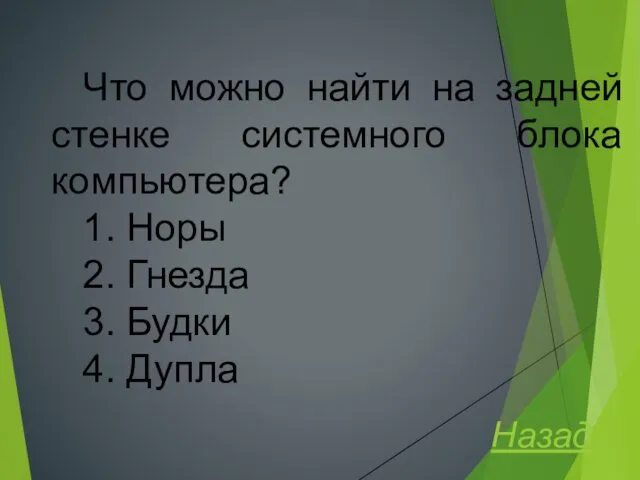 Что можно найти на задней стенке системного блока компьютера? 1. Норы