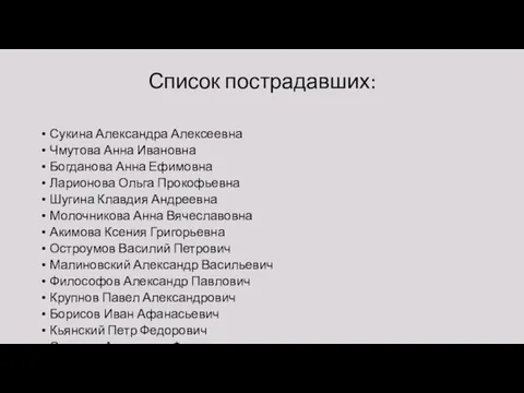 Список пострадавших: Сукина Александра Алексеевна Чмутова Анна Ивановна Богданова Анна Ефимовна