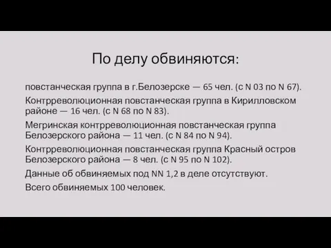 По делу обвиняются: повстанческая группа в г.Белозерске — 65 чел. (с