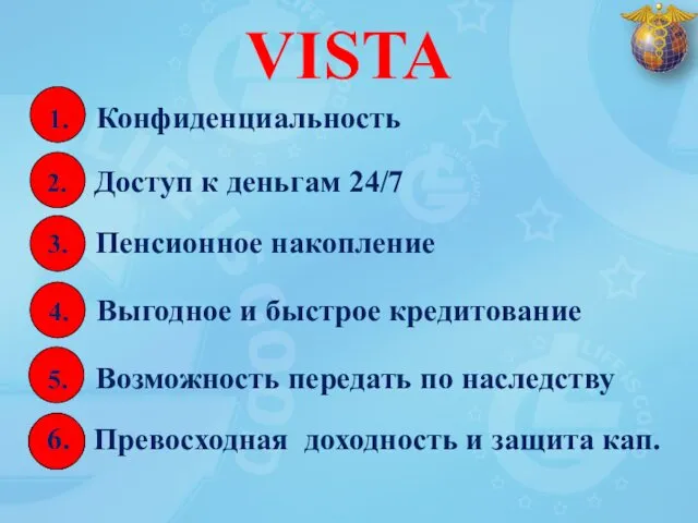 1. Конфиденциальность 4. Выгодное и быстрое кредитование 6. Превосходная доходность и защита кап. VISTA