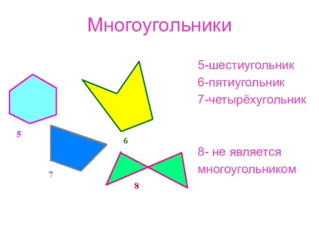 Многоугольники 5-шестиугольник 6-пятиугольник 7-четырёхугольник 8- не является многоугольником