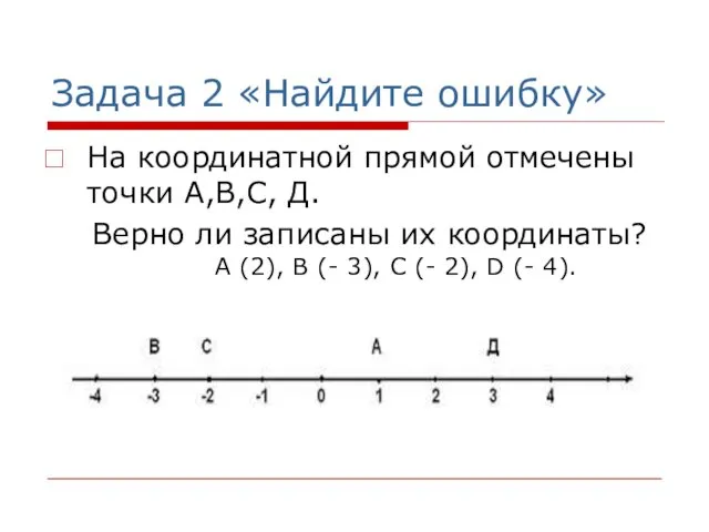 Задача 2 «Найдите ошибку» На координатной прямой отмечены точки А,В,С, Д.