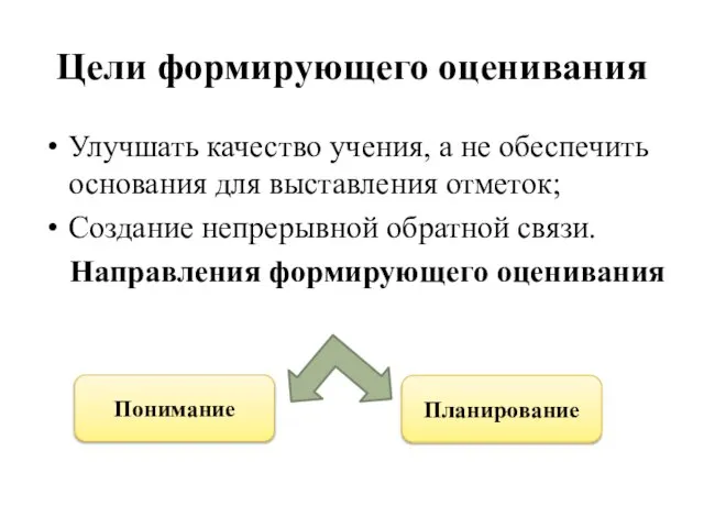 Цели формирующего оценивания Улучшать качество учения, а не обеспечить основания для