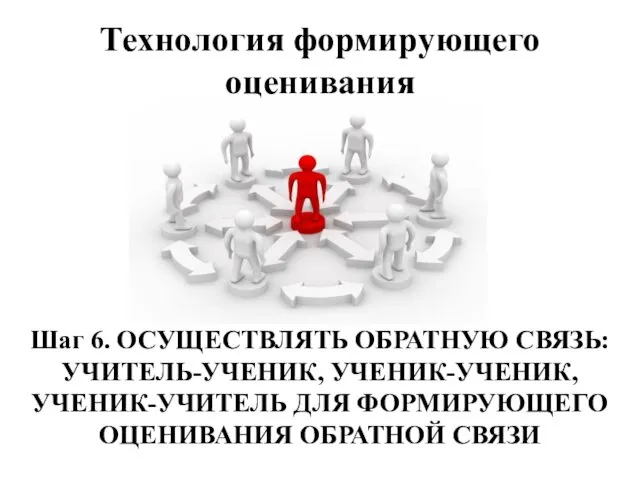 Технология формирующего оценивания Шаг 6. ОСУЩЕСТВЛЯТЬ ОБРАТНУЮ СВЯЗЬ: УЧИТЕЛЬ-УЧЕНИК, УЧЕНИК-УЧЕНИК, УЧЕНИК-УЧИТЕЛЬ ДЛЯ ФОРМИРУЮЩЕГО ОЦЕНИВАНИЯ ОБРАТНОЙ СВЯЗИ