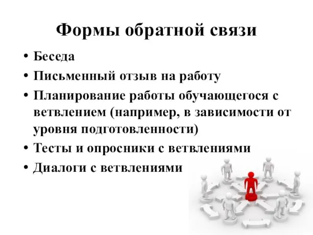 Формы обратной связи Беседа Письменный отзыв на работу Планирование работы обучающегося