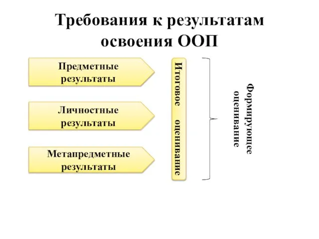 Требования к результатам освоения ООП Предметные результаты Личностные результаты Метапредметные результаты Итоговое оценивание Формирующее оценивание