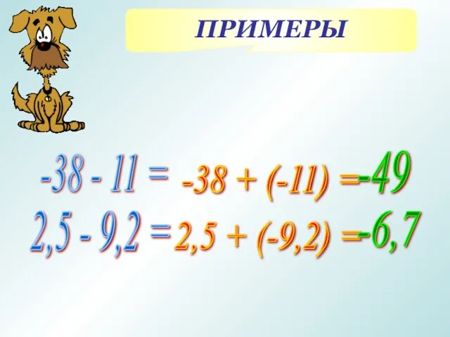 ПРИМЕРЫ 2,5 - 9,2 = -38 + (-11) = -49 -38