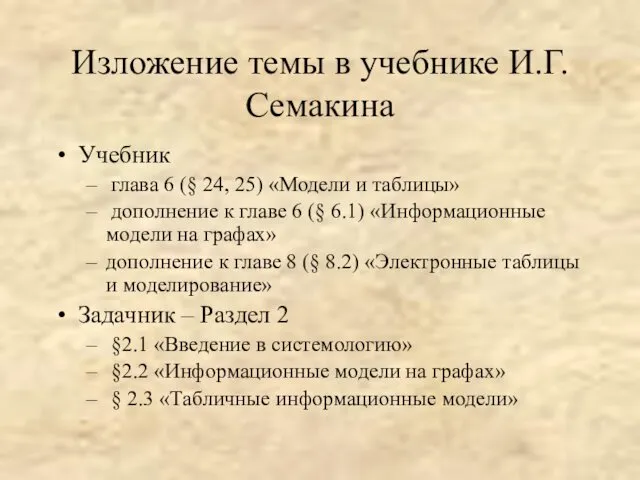 Изложение темы в учебнике И.Г.Семакина Учебник глава 6 (§ 24, 25)