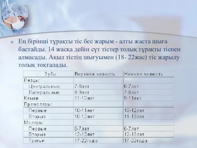 Ең бірінші тұрақты тіс бес жарым - алты жаста шыға бастайды.