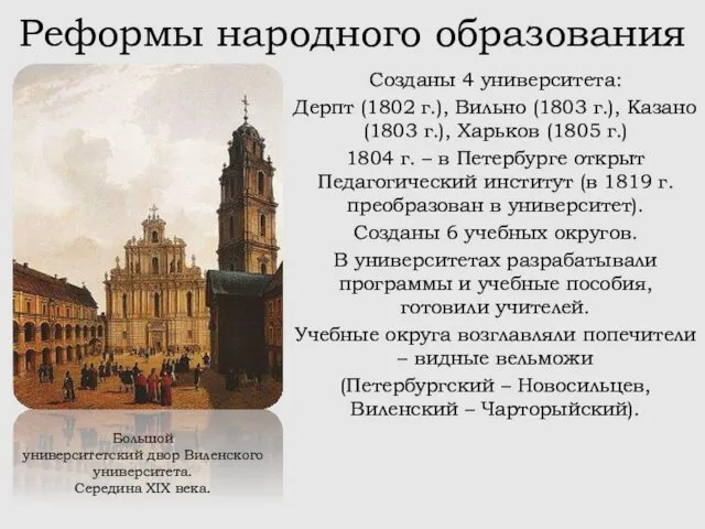Реформы народного образования Созданы 4 университета: Дерпт (1802 г.), Вильно (1803