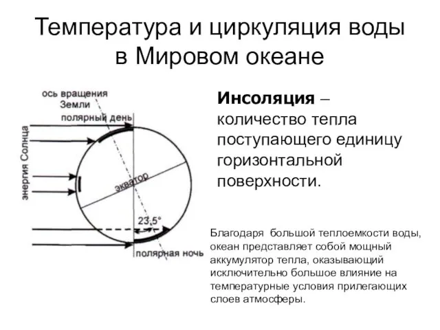 Температура и циркуляция воды в Мировом океане Инсоляция – количество тепла